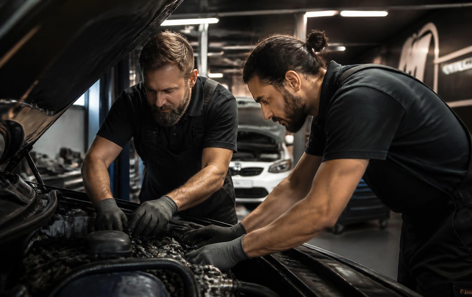 Equipa da LCR AUTO a trabalhar num motor